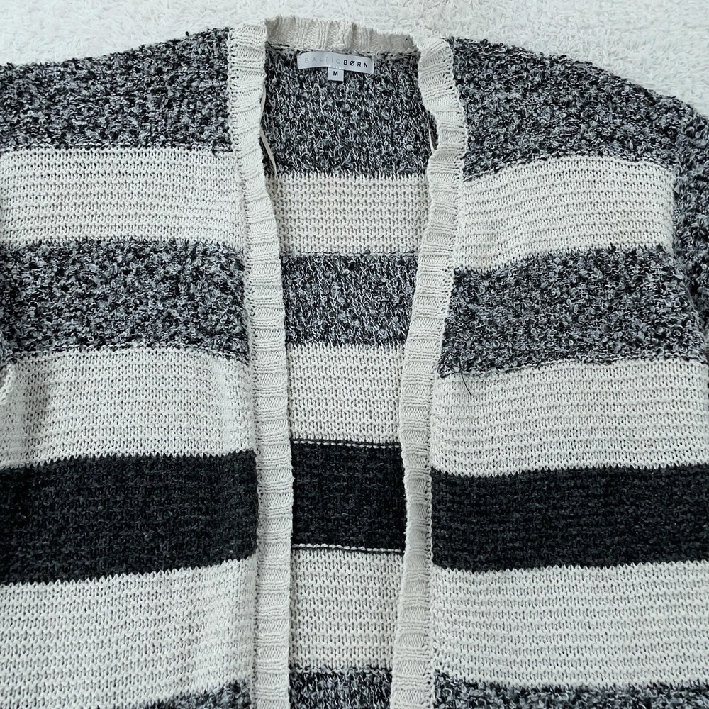 Baltic Born Sweater Womens‎ Medium Black Gray Cream Striped Open Front Cardigan